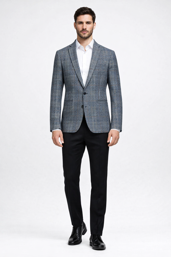 Cashmere and Charcoal Grey and Blue Blazer - Plaid Sport Coat - Windowpane Pattern