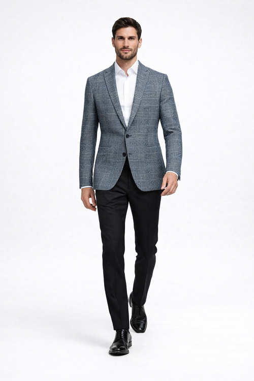 Cashmere and Charcoal Grey and Blue Blazer - Plaid Sport Coat - Windowpane Pattern
