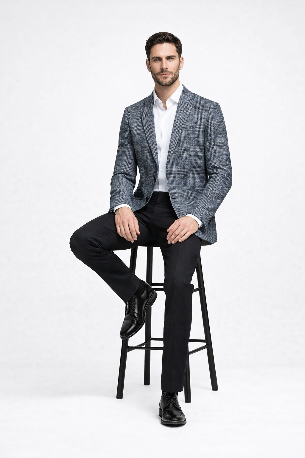 Cashmere and Charcoal Grey and Blue Blazer - Plaid Sport Coat - Windowpane Pattern