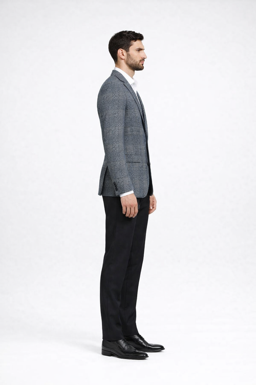 Cashmere and Charcoal Grey and Blue Blazer - Plaid Sport Coat - Windowpane Pattern