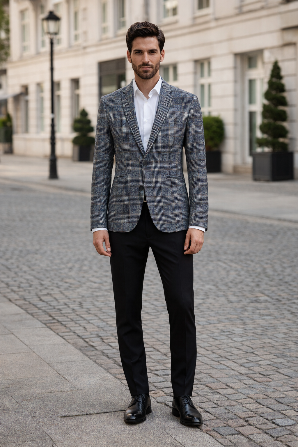 Cashmere and Charcoal Grey and Blue Blazer - Plaid Sport Coat - Windowpane Pattern