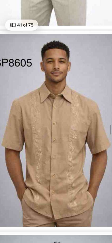 Mens Tan Embroidered Walking Suit Set – Short Sleeve Shirt and Pants Casual Summer Outfit for Vacation, Beach in khaki Beige Color - 34 Short or Extra Small
