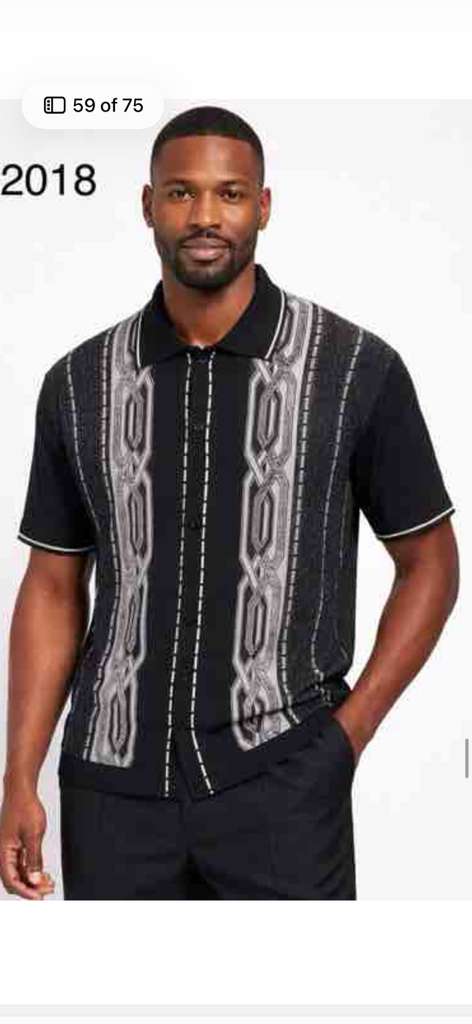Mens Black and Gray Pattern Walking Suit Set – Short Sleeve Knit Shirt and Pants Casual Outfit for Summer, Travel and Everyday Wear - S