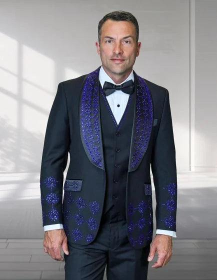 Statement Men's 3 Piece Modern Fit Tuxedo - Embellished Rhinestones - 36R