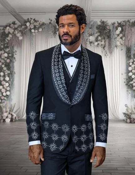 Statement Men's 3 Piece Modern Fit Tuxedo - Embellished Rhinestones