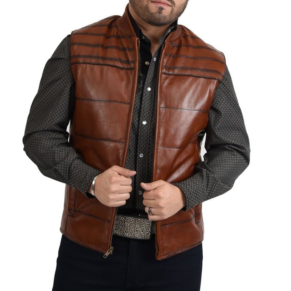 Premium Cognac Cowhide Leather Western Cowboy Vest - S
