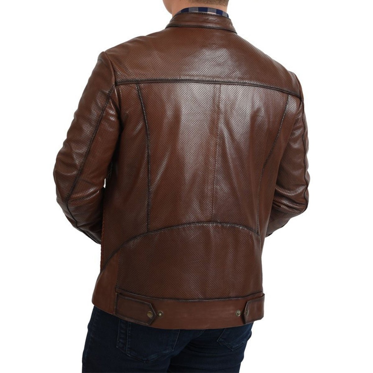 Men’s Brown Woven Cowhide & Sheepskin Leather Denim Jacket - S