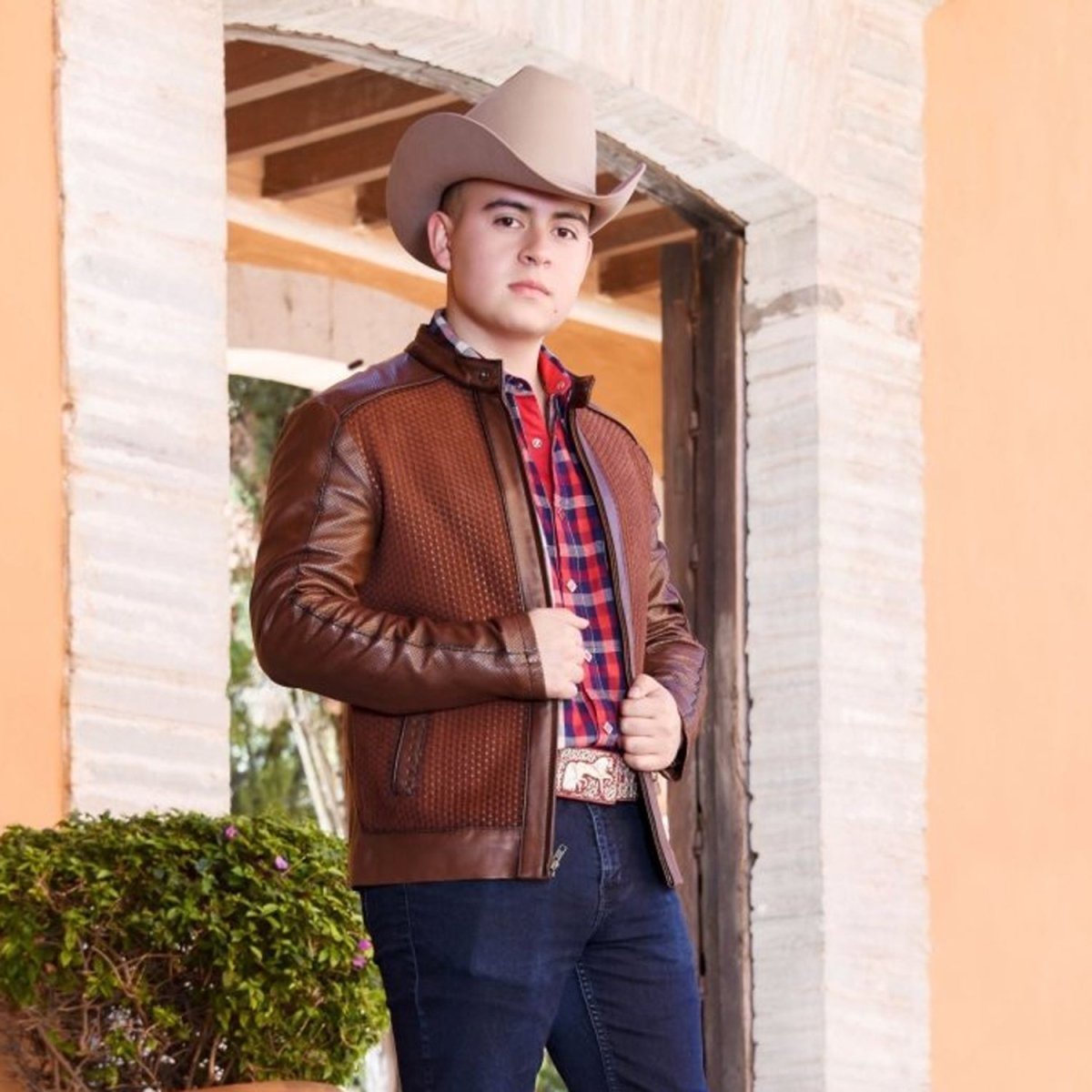 Men’s Brown Woven Cowhide & Sheepskin Leather Denim Jacket - S