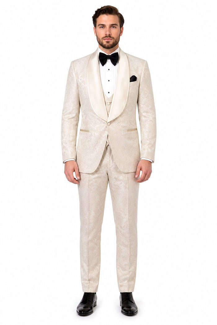 Men One Button Floral All Champagne Tuxedo – 3 Piece