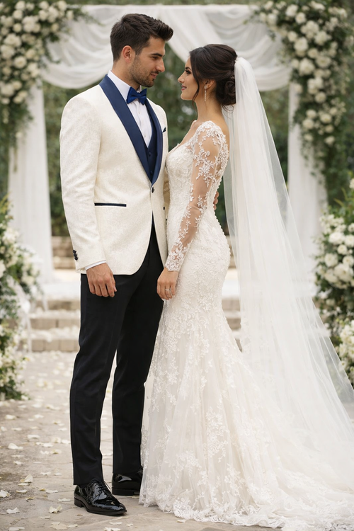 Mens White Metallic Flake 3-Piece Tuxedo Navy Accents, Tailored Fit