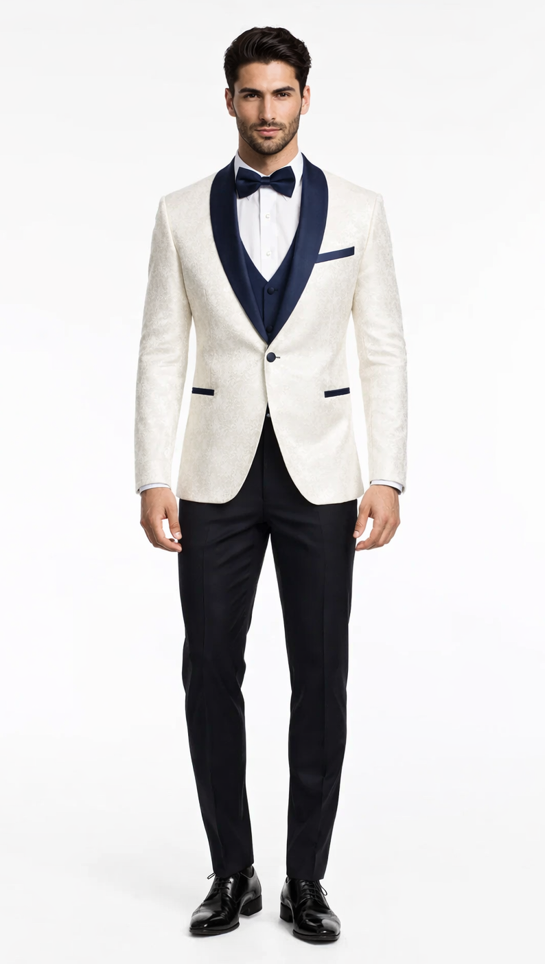 Men’s White Metallic Flake 3-Piece Tuxedo – Navy Accents, Tailored Fit - 34 Short or Extra Small