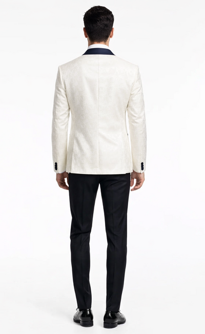 Mens White Metallic Flake 3-Piece Tuxedo Navy Accents, Tailored Fit