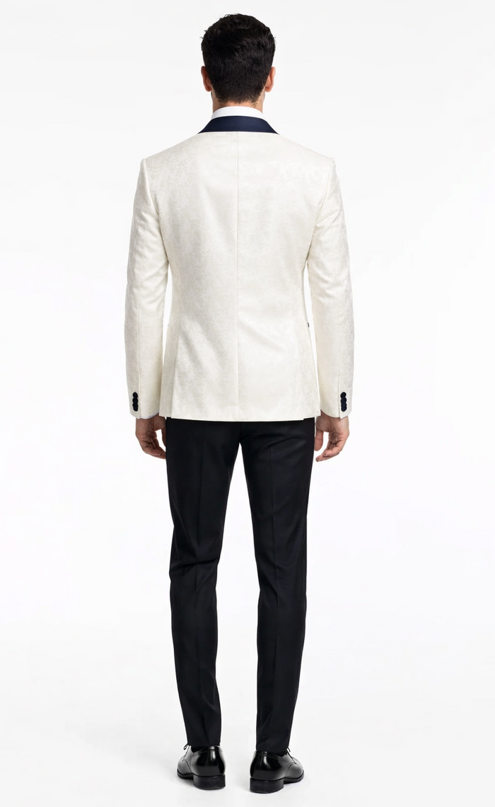 Mens White Metallic Flake 3-Piece Tuxedo Navy Accents, Tailored Fit