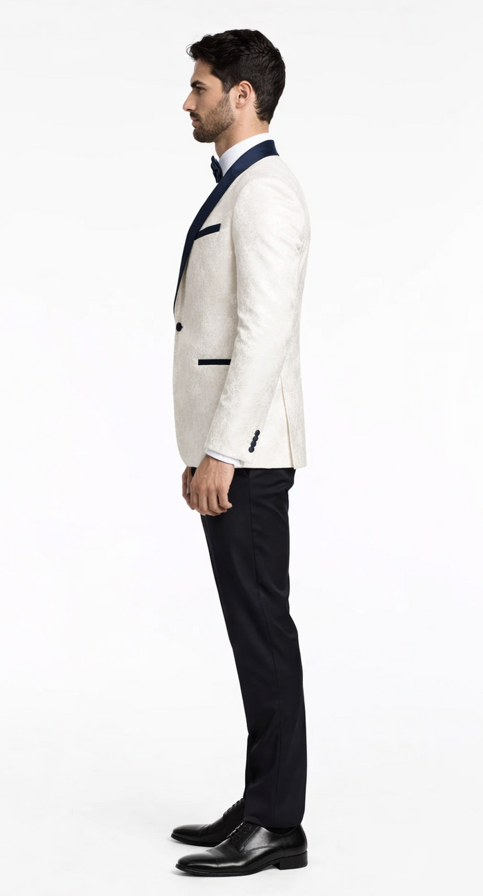 Mens White Metallic Flake 3-Piece Tuxedo Navy Accents, Tailored Fit