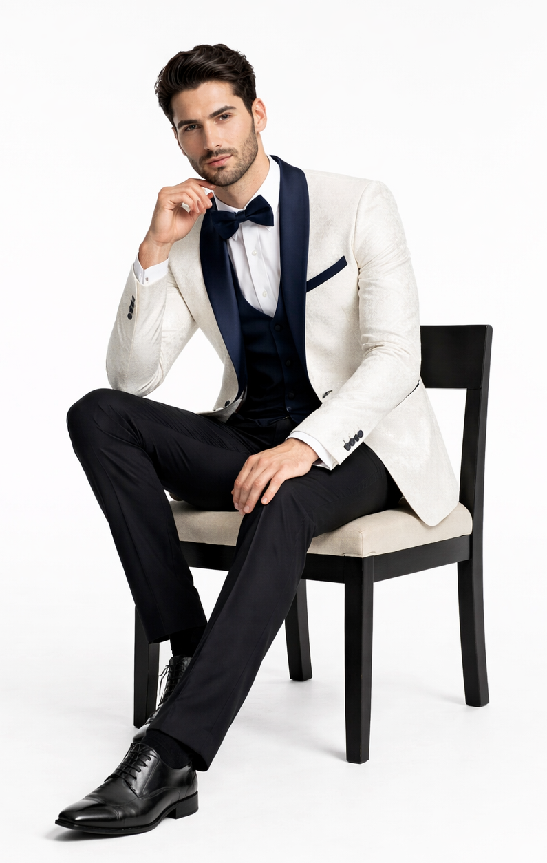 Men’s White Metallic Flake 3-Piece Tuxedo – Navy Accents, Tailored Fit - 34 Short or Extra Small