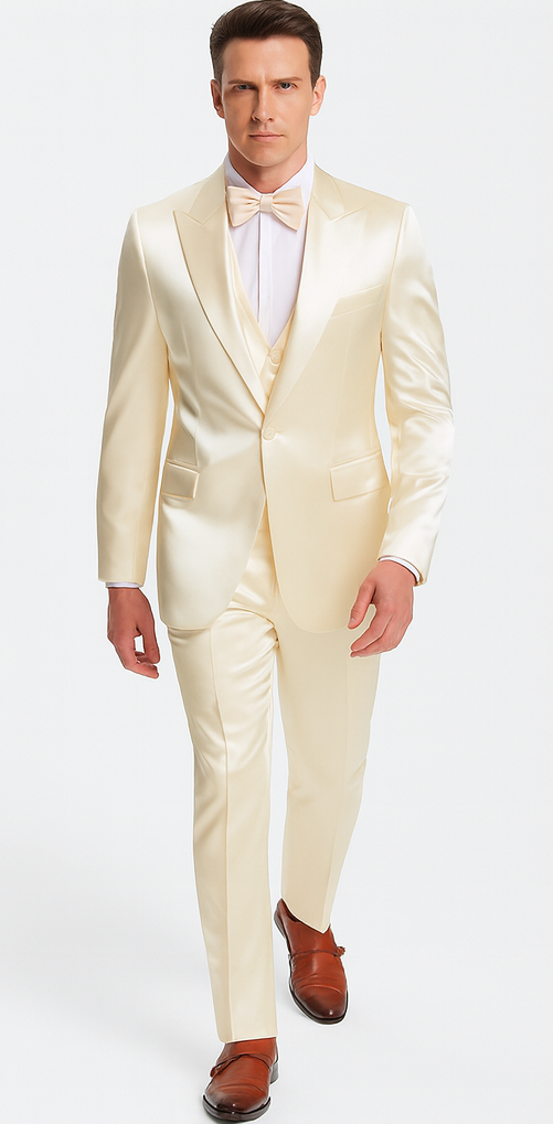 Stylish Champagne Satin 3 Piece Slim Fit Tazzio Men's Suit with Double Breasted Vest and Peak Lapel Suit