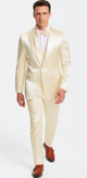 Stylish Champagne Satin 3 Piece Slim Fit Tazzio Men's Suit with Double Breasted Vest and Peak Lapel Suit