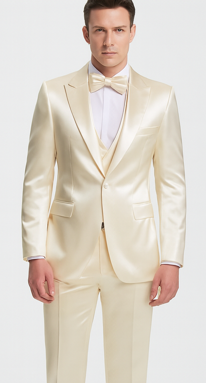 Stylish Champagne Satin 3 Piece Slim Fit Tazzio Men's Suit with Double Breasted Vest and Peak Lapel Suit