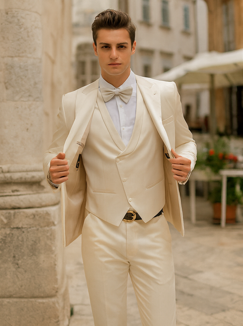 Champagne Satin Tuxedo Set â€“ 4-Piece Look for Weddings & Proms