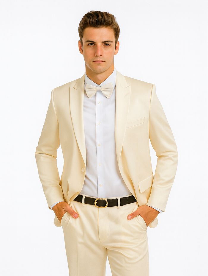 Champagne Satin Tuxedo Set â€“ 4-Piece Look for Weddings & Proms
