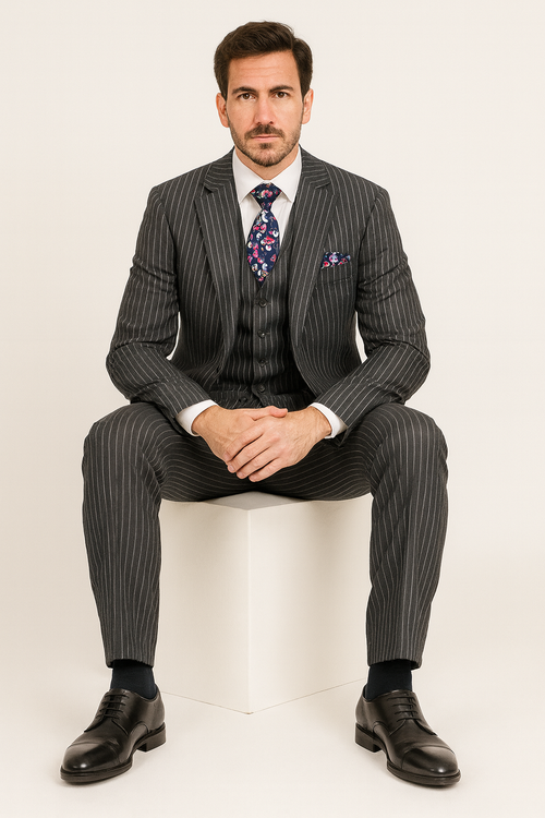 "Charcoal Grey Pinstripe Gangster Suit - Men's 2 Button Vested" - New Arrival