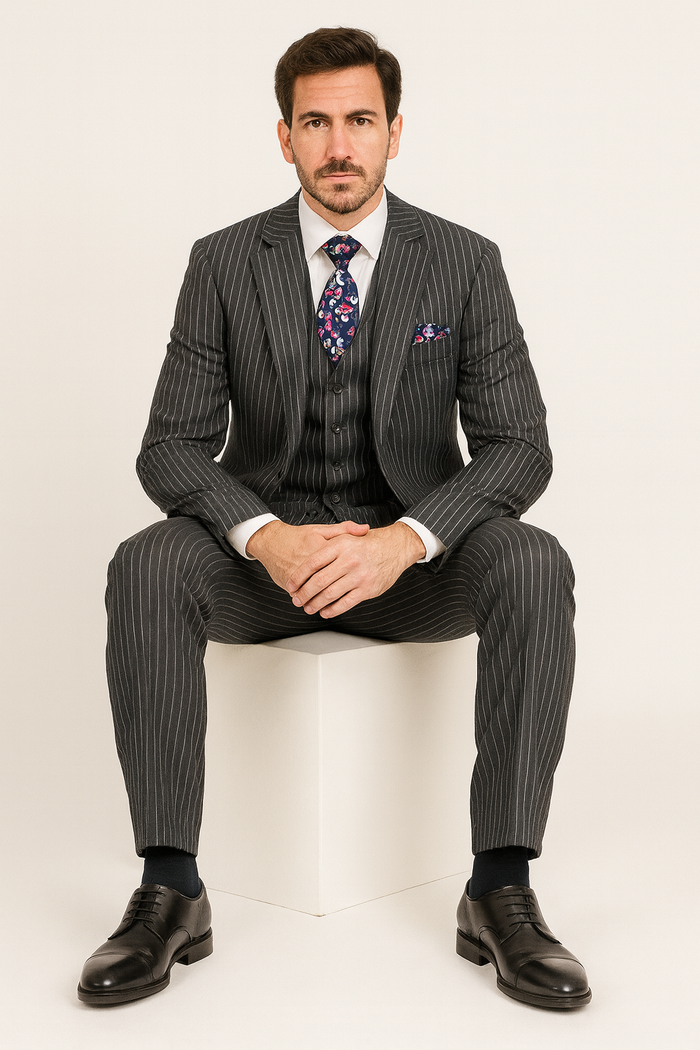 "Charcoal Grey Pinstripe Gangster Suit - Men's 2 Button Vested" - New Arrival