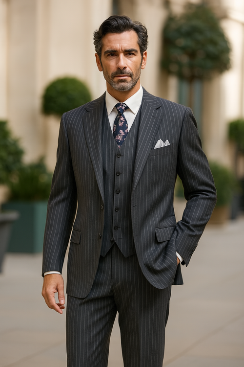 "Charcoal Grey Pinstripe Gangster Suit - Men's 2 Button Vested" - New Arrival