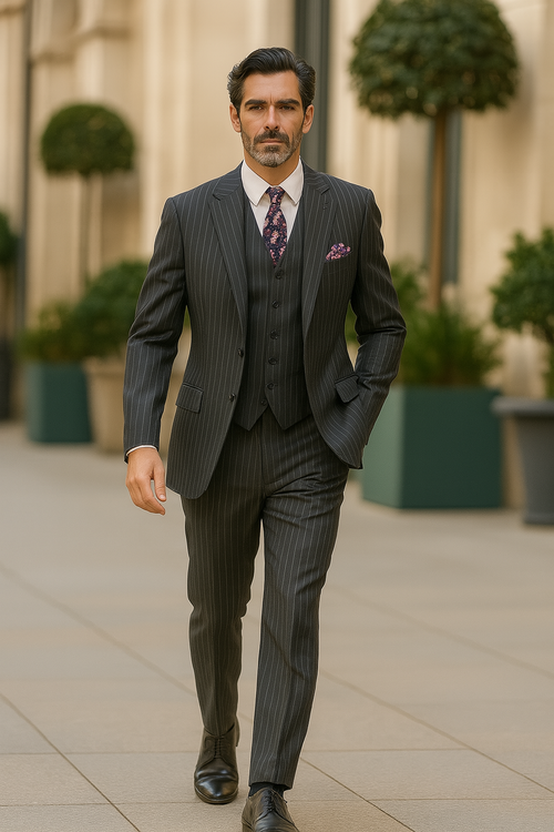 "Charcoal Grey Pinstripe Gangster Suit - Men's 2 Button Vested" - New Arrival