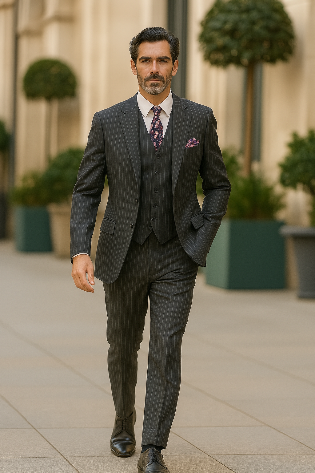 "Charcoal Grey Pinstripe Gangster Suit - Men's 2 Button Vested" - New Arrival - 54 Long