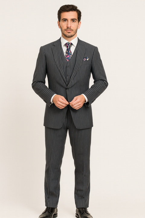 "Charcoal Grey Pinstripe Gangster Suit - Men's 2 Button Vested" - New Arrival