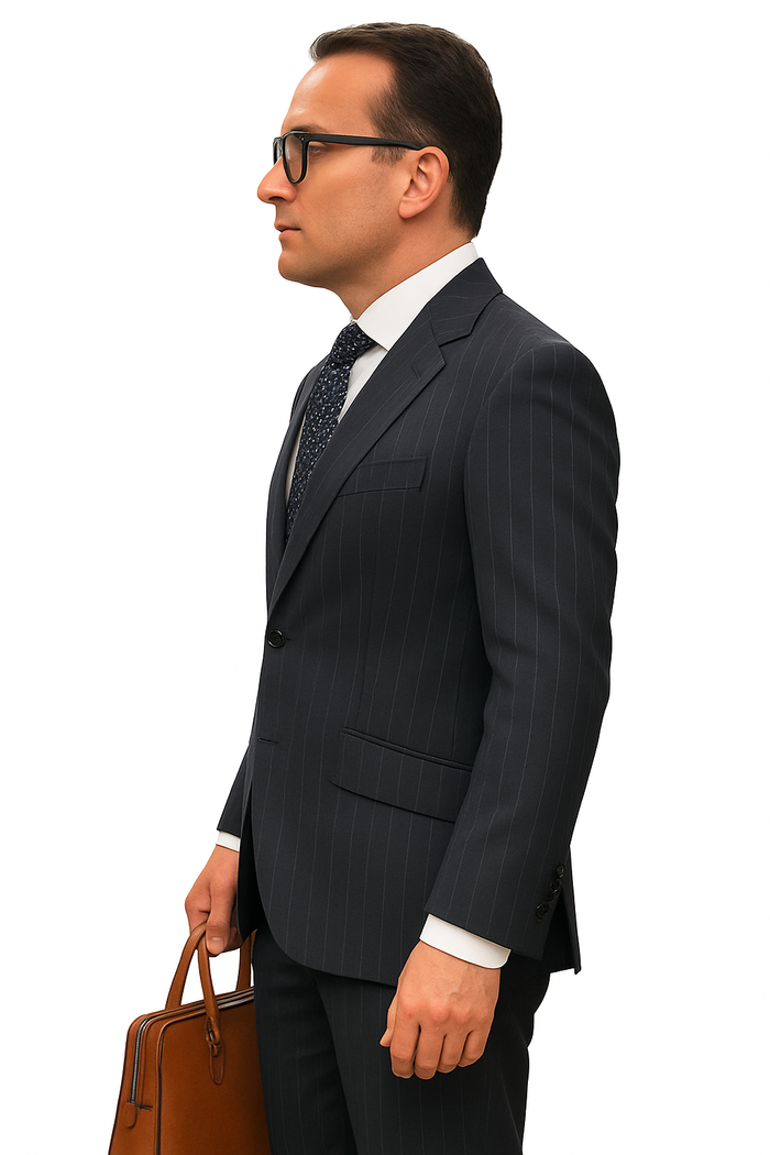 Statement Suits - Wool Suits - Peak Lapel Suits - Ticket Pocket - Modern Fit - Charcoal Stripe Suit-New Designer Collection