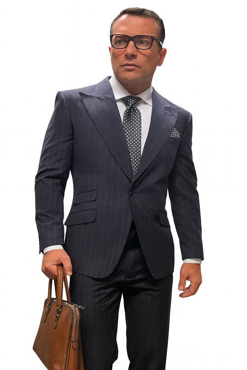 Statement Suits - Wool Suits - Peak Lapel Suits - Ticket Pocket - Modern Fit - Charcoal Stripe Suit-New Designer Collection