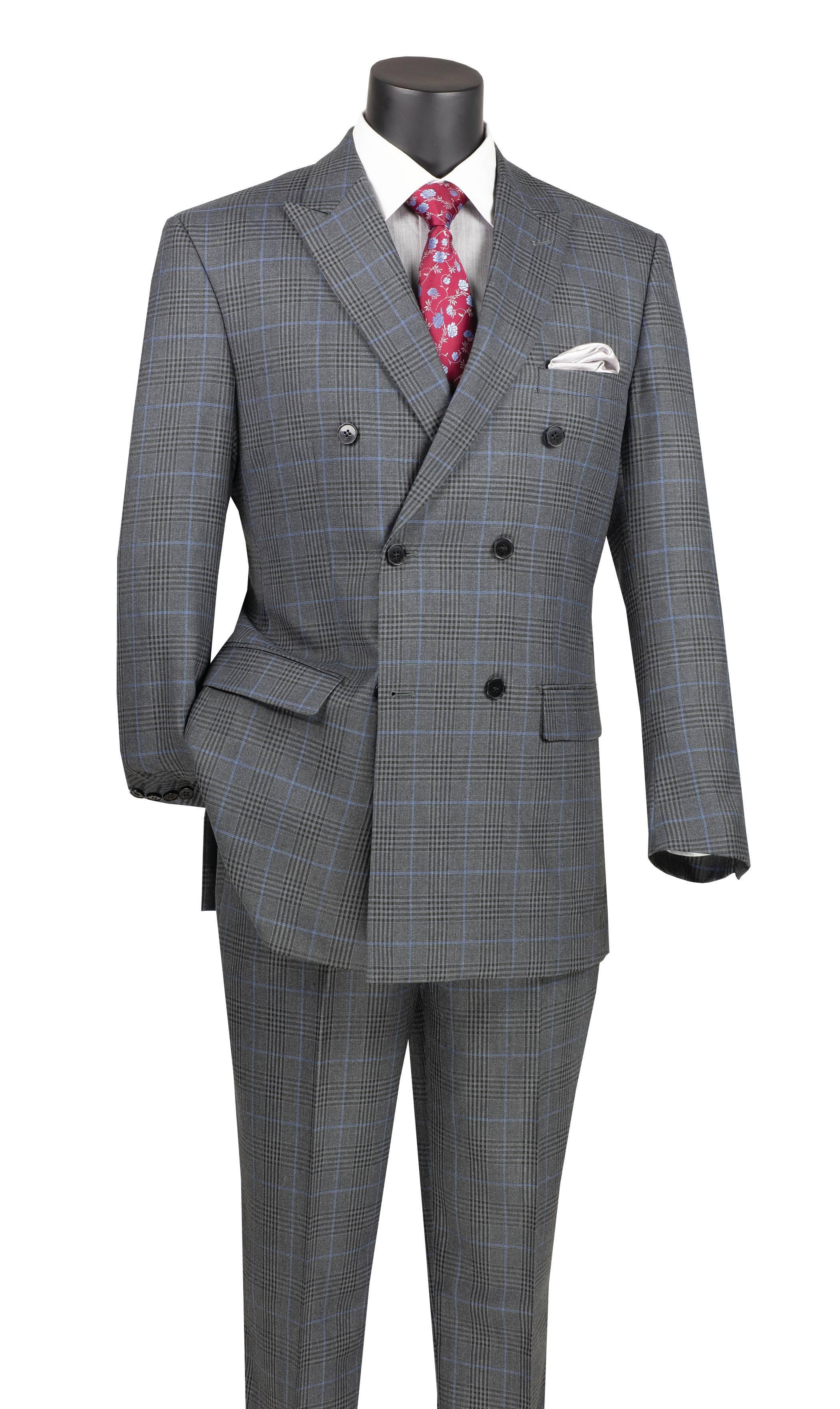 Charcoal Windowpane Double Breasted Suit - 38 Short  - 32 Waist