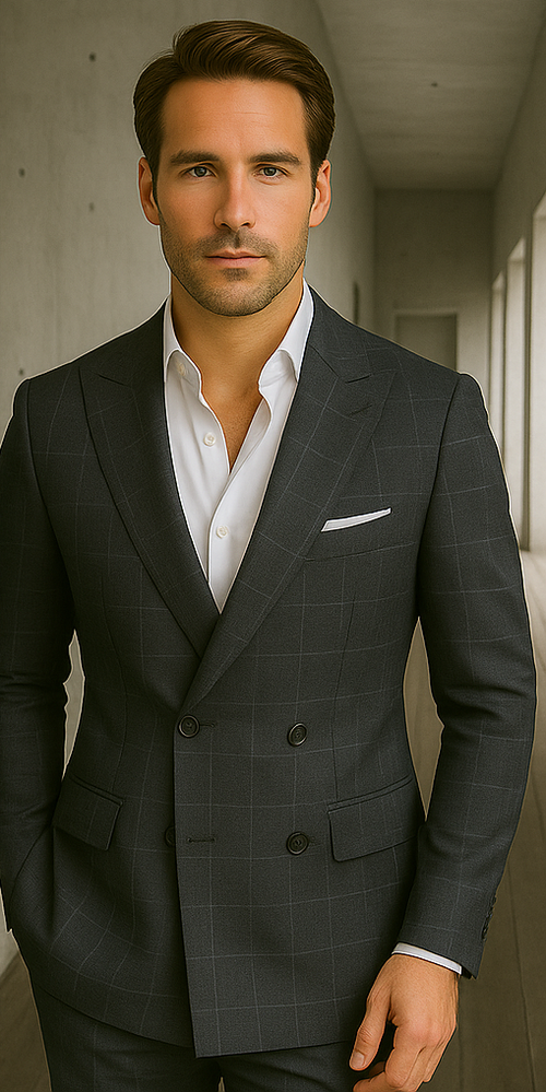 Wool Suit - Italian Made Business Suit by Windowpane Texture Business Pattern Modern Fit Side Vented Men's 100% Wool 2 Piece Suit - Double Breasted Plaid