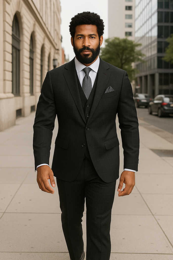 Modern Fit - Wool Suit - Italian Made Business Suit by Windowpane Texture Business Pattern Modern Fit Side Vented Men's 3 Piece 100% Wool Modern Fit Suit - Sharp Plaid Pattern