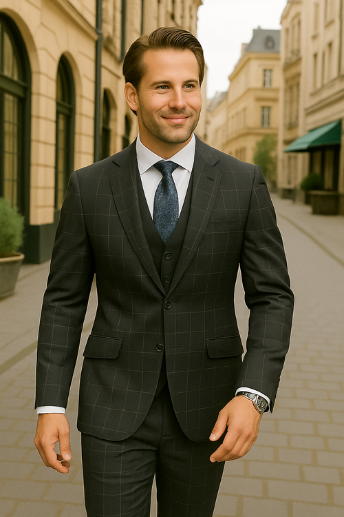 Modern Fit - Wool Suit - Italian Made Business Suit by Statement Men's 3 Piece 100% Wool Modern Fit Suit - Fashion Pattern