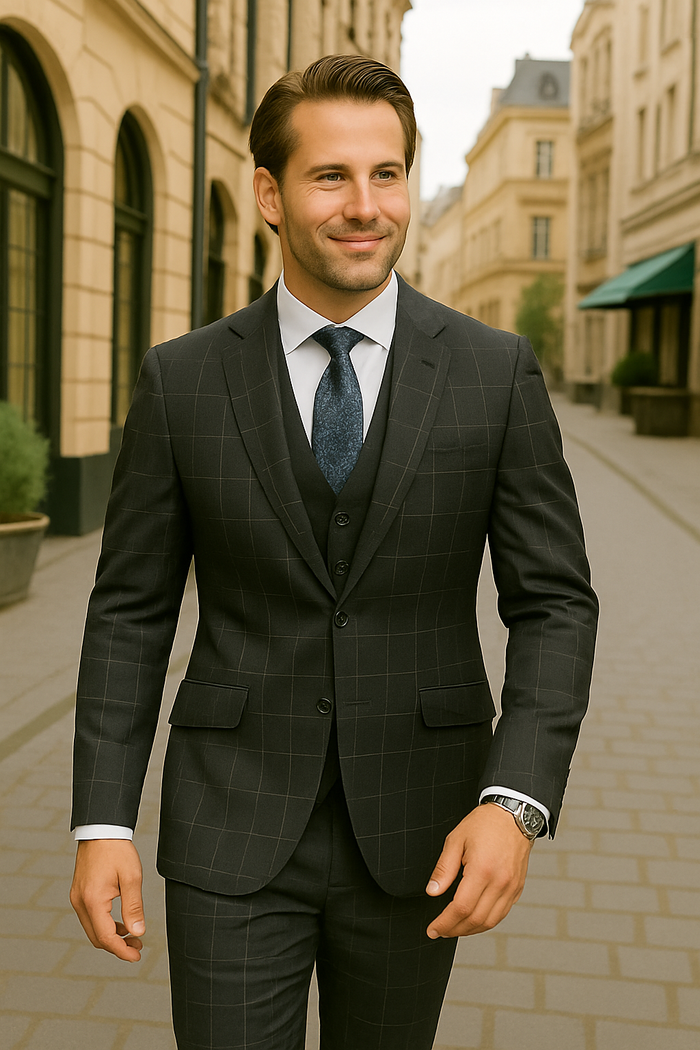 Modern Fit - Wool Suit - Italian Made Business Suit by Statement Men's 3 Piece 100% Wool Modern Fit Suit - Fashion Pattern