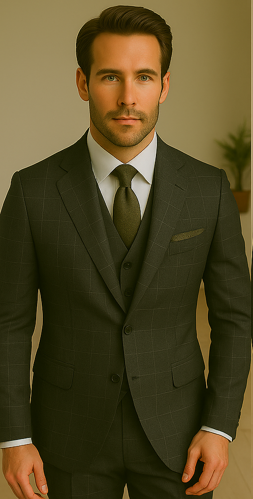 Wool Suit - Italian Made Business Suit by Statement Men's 3 Piece 100% Wool Modern Fit Suit - V-Neck Double Breasted Vest - 38R