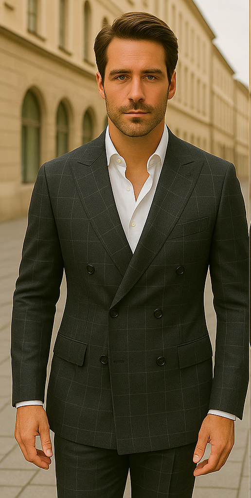 Wool Suit - Italian Made Business Suit by Windowpane Texture Business Pattern Modern Fit Side Vented Men's 100% Wool 2 Piece Suit - Double Breasted Plaid