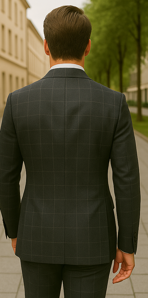 Wool Suit - Italian Made Business Suit by Windowpane Texture Business Pattern Modern Fit Side Vented Men's 100% Wool 2 Piece Suit - Double Breasted Plaid - 38R