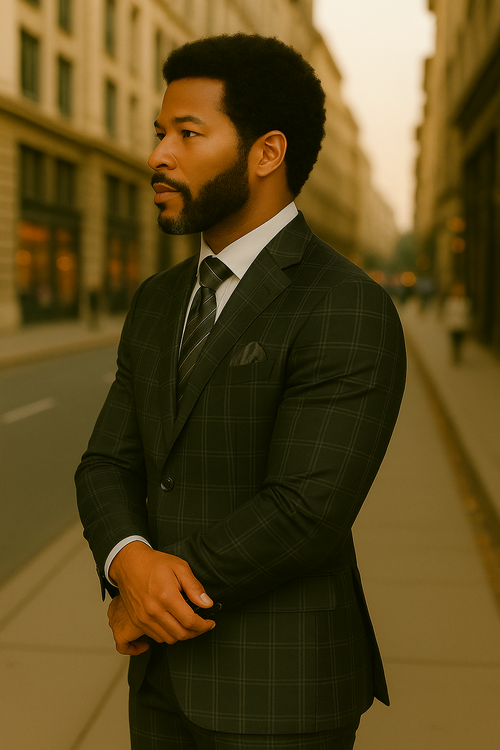 Wool Suit - Italian Made Business Suit by Windowpane Texture Business Pattern Modern Fit Side Vented Men's 2 Piece Big and Tall 100% Wool Fashion Suit - Bold Plaid