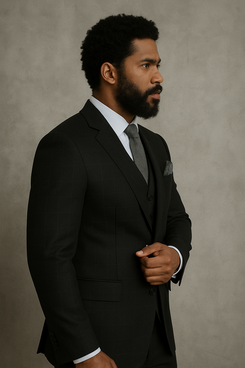 Modern Fit - Wool Suit - Italian Made Business Suit by Windowpane Texture Business Pattern Modern Fit Side Vented Men's 3 Piece 100% Wool Modern Fit Suit - Sharp Plaid Pattern