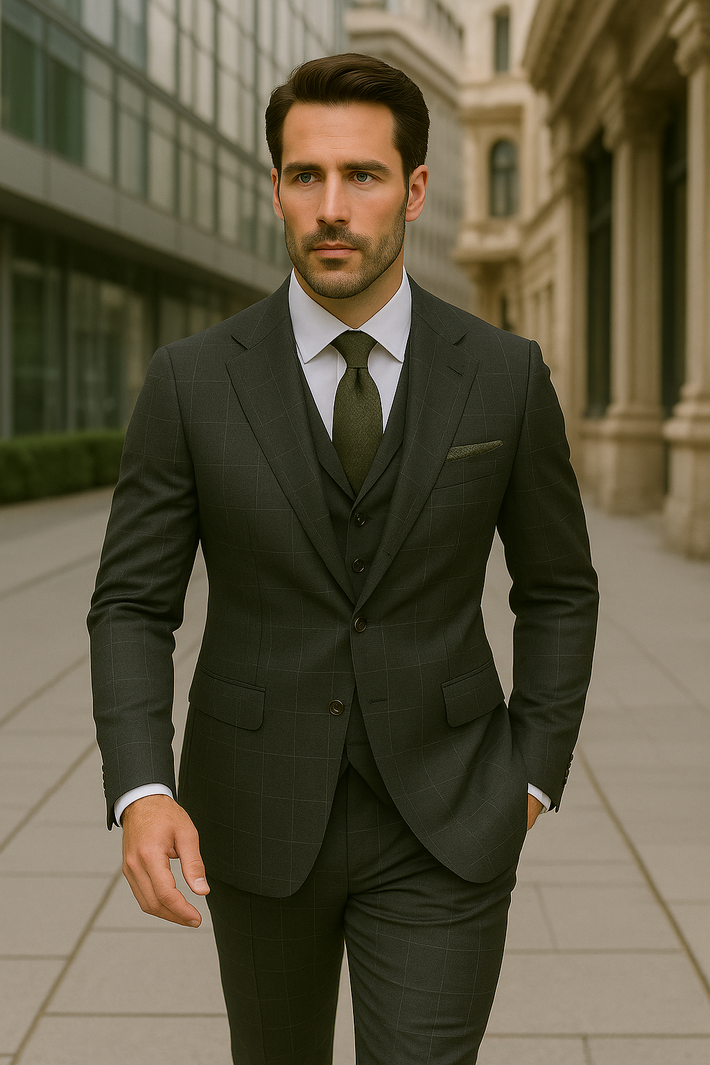 Modern Fit - Wool Suit - Italian Made Business Suit by Statement Men's 3 Piece 100% Wool Modern Fit Suit - V-Neck Double Breasted Vest - 38R