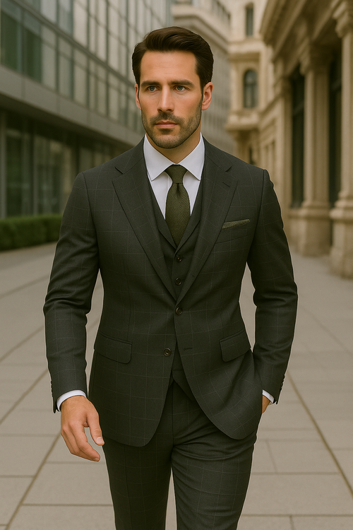 Modern Fit - Wool Suit - Italian Made Business Suit by Statement Men's 3 Piece 100% Wool Modern Fit Suit - V-Neck Double Breasted Vest