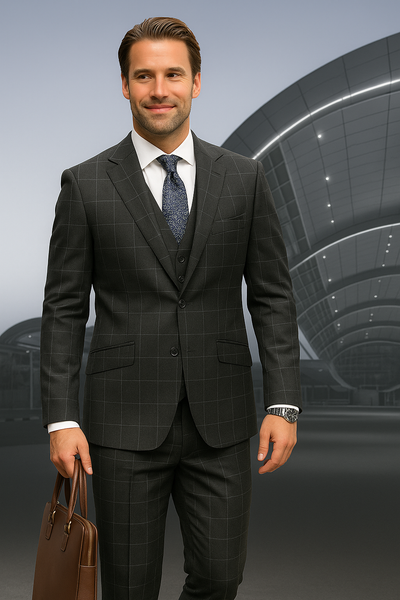 Modern Fit - Wool Suit - Italian Made Business Suit by Statement Men's 3 Piece 100% Wool Modern Fit Suit - Fashion Pattern
