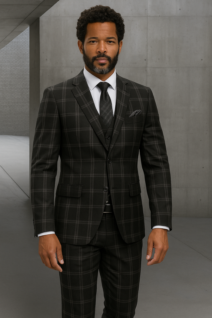 Wool Suit - Italian Made Business Suit by Windowpane Texture Business Pattern Modern Fit Side Vented Men's 2 Piece Big and Tall 100% Wool Fashion Suit - Bold Plaid