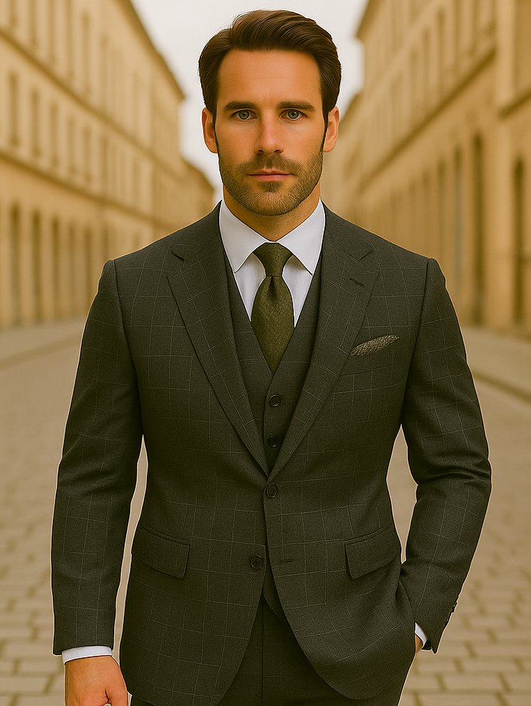 Wool Suit - Italian Made Business Suit by Statement Men's 3 Piece 100% Wool Modern Fit Suit - V-Neck Double Breasted Vest - 38R