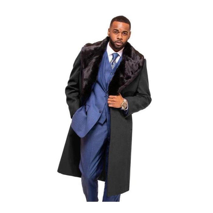Charcoal Grey Overcoat ~ Long Men's Dress Topcoat - Winter Coat With Fur Collar - Coat Size 38