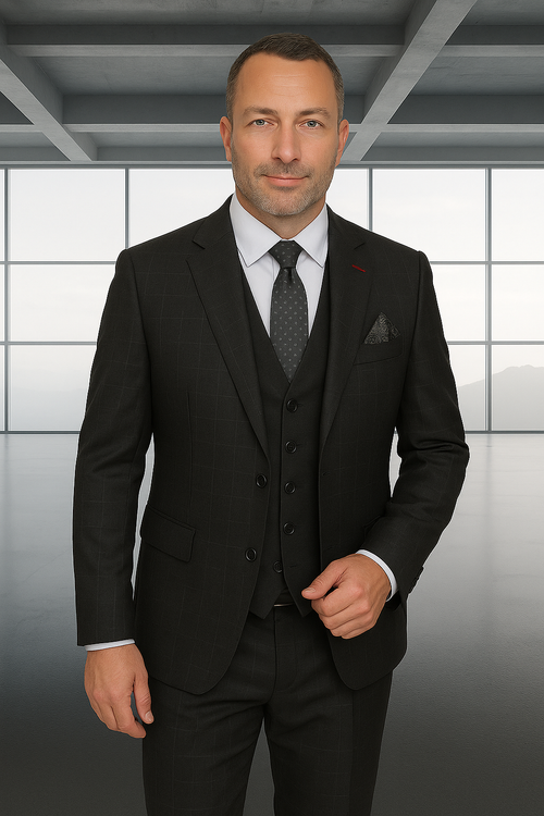 Modern Fit - Wool Suit - Italian Made Business Suit by Statement Men's 3 Piece 100% Wool Modern Fit Suit - Solid Scoop Vest