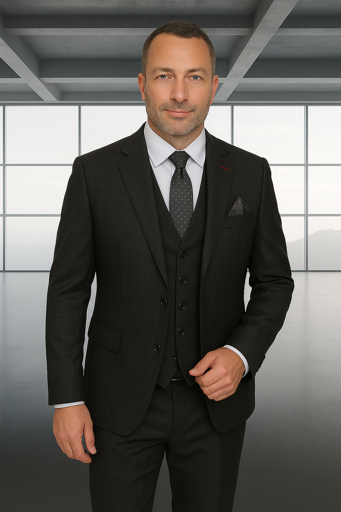 Modern Fit - Wool Suit - Italian Made Business Suit by Statement Men's 3 Piece 100% Wool Modern Fit Suit - Solid Scoop Vest